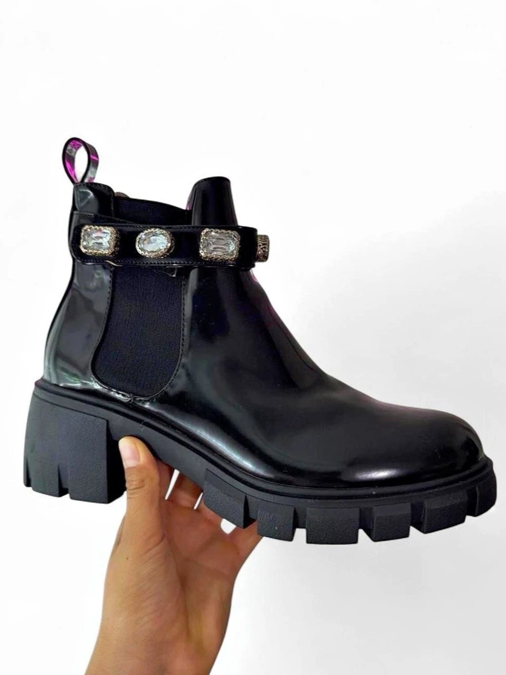 Steve Madden Amulet Black Chunky Crystal Strap Chelsea Boots